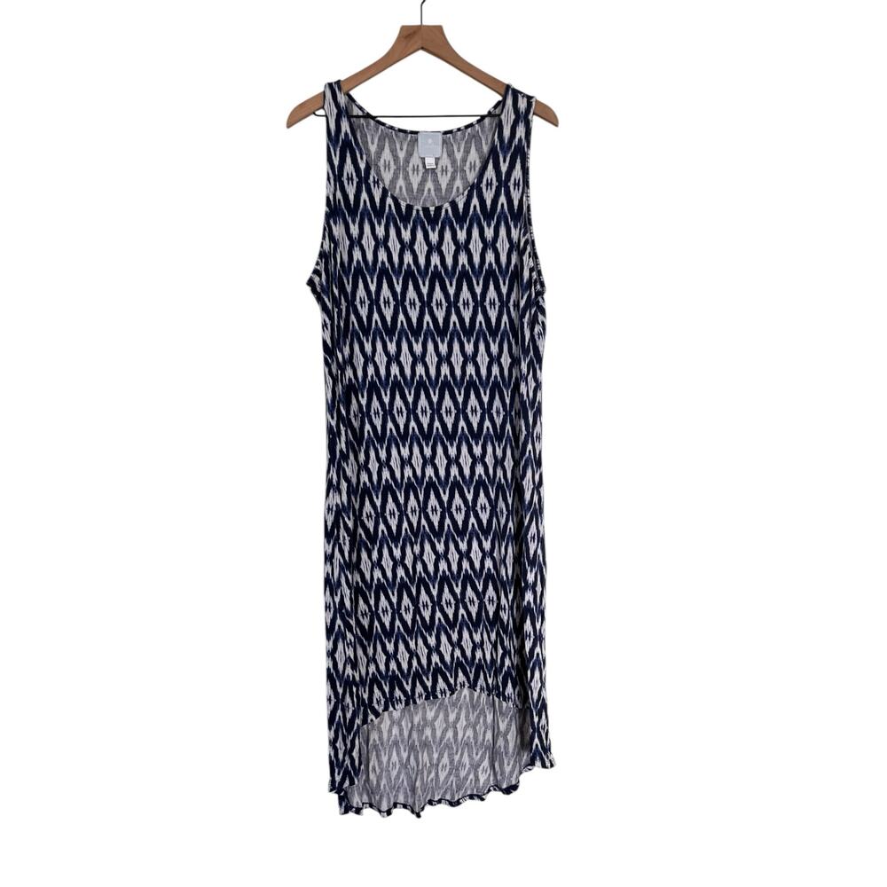 Sundays Womens Sleeveless Hi Low Hem Midi Blue White Graphic Print Dress Size 2X